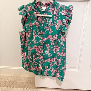 J. Crew Vibrant Green and Pink Floral Blouse